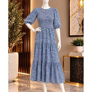 Boii Womens Smocked Midi Dress Blue White Floral Puff Sleeve Tiered Size Medium